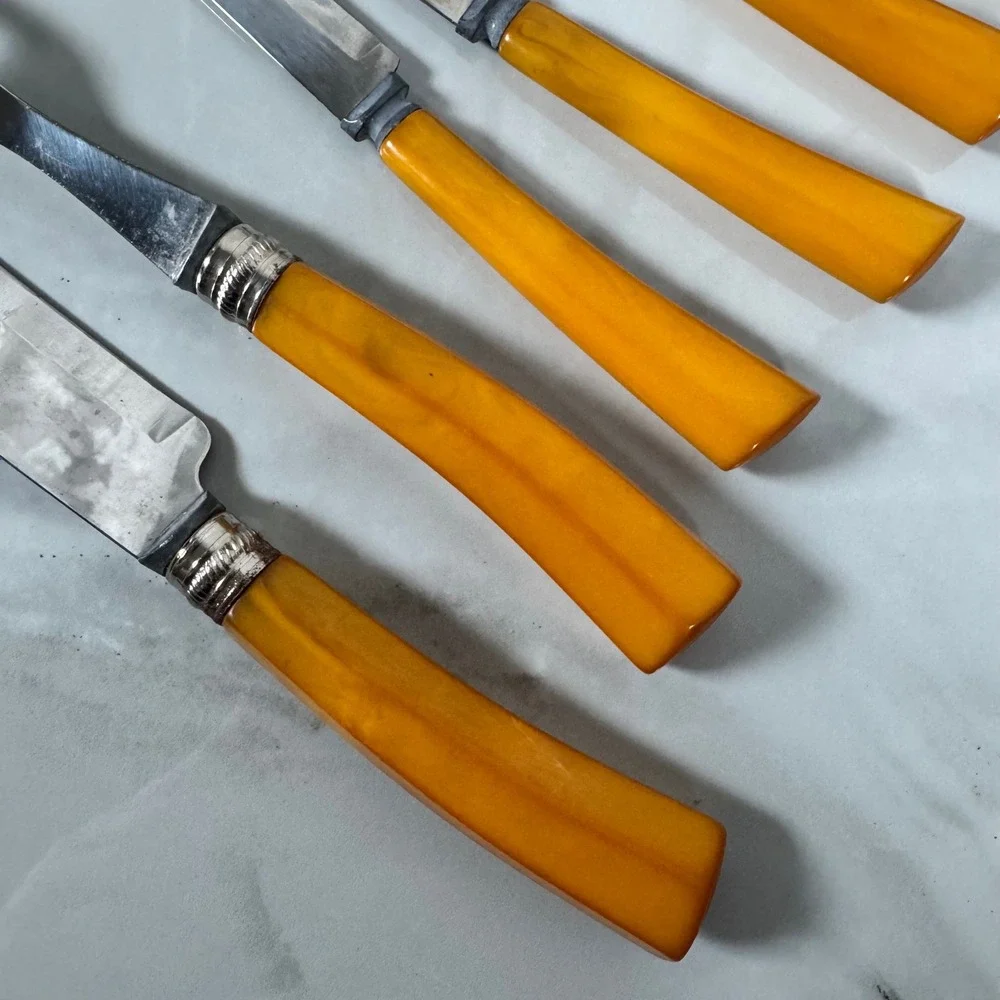 Westfield Stainless Carving Knife Fork 6 Steak Knives Set Butterscotch Bakelite